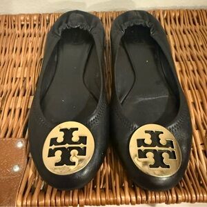 Tory Burch Reva Women's Leather Ballerina Black Gold Logo Flats Shoes Size 6